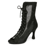 Latin Dance Shoes Women Mesh Rhinestone Ballroom Dance Boots Open Toe Party Shoes High Heels