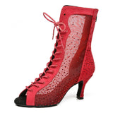 Latin Dance Shoes Women Mesh Rhinestone Ballroom Dance Boots Open Toe Party Shoes High Heels