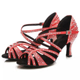 <transcy>Zapatos de baile con diamantes de imitación, zapatos latinos de salón, negro, rojo, zapatos de baile de Tango para mujer, con tacón de mujer</transcy>