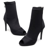 <transcy>Zapatos de baile latino Salsa Jazz para bailarinas para profesores, botas de tacón alto, licra elástica negra</transcy>