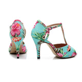 Blue Red Flower Dance Shoes Satin Soft Bottom Latin Ballroom Salsa Dancing Shoes For Women Girls