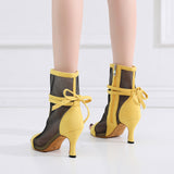 Soft Sole Dance Shoes Black Yellow Women High Heeled Tango Ballroom Dance Boots Girls Mesh Salsa Dancing Shoes