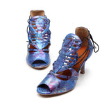 Lace Up Women Dance Boots Blue High Heels Soft Sole Ballroom Latin Dance Shoes