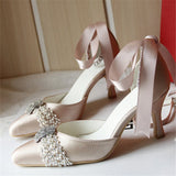 Champagne White Wedding Shoes Pumps Pearl Rhinestone Buckle Pumps For Women Girls Bride Party