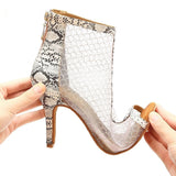 <transcy>Mujeres Salón de baile social Botas de baile de salsa latina Zapatos de baile de fiesta de malla de aire blanco con textura de serpiente</transcy>