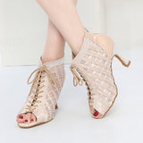 Satin Mesh Dance Boots Pink White Rhinestone Ballroom Salsa Tango Salsa Dancing Shoes For Women Girls