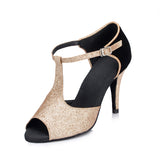 <transcy>Zapatos de baile latino con purpurina dorados y negros para mujer, zapatos de baile de salón de baile y salsa de tango</transcy>