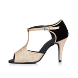 <transcy>Zapatos de baile latino con purpurina dorados y negros para mujer, zapatos de baile de salón de baile y salsa de tango</transcy>