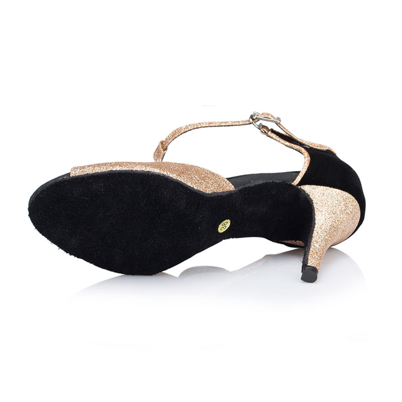 <transcy>Zapatos de baile latino con purpurina dorados y negros para mujer, zapatos de baile de salón de baile y salsa de tango</transcy>