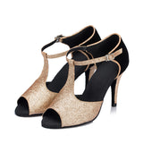 <transcy>Zapatos de baile latino con purpurina dorados y negros para mujer, zapatos de baile de salón de baile y salsa de tango</transcy>
