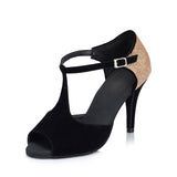 <transcy>Zapatos de baile latino con purpurina dorados y negros para mujer, zapatos de baile de salón de baile y salsa de tango</transcy>