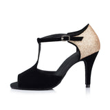 <transcy>Zapatos de baile latino con purpurina dorados y negros para mujer, zapatos de baile de salón de baile y salsa de tango</transcy>