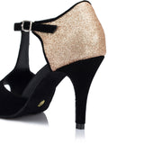 <transcy>Zapatos de baile latino con purpurina dorados y negros para mujer, zapatos de baile de salón de baile y salsa de tango</transcy>