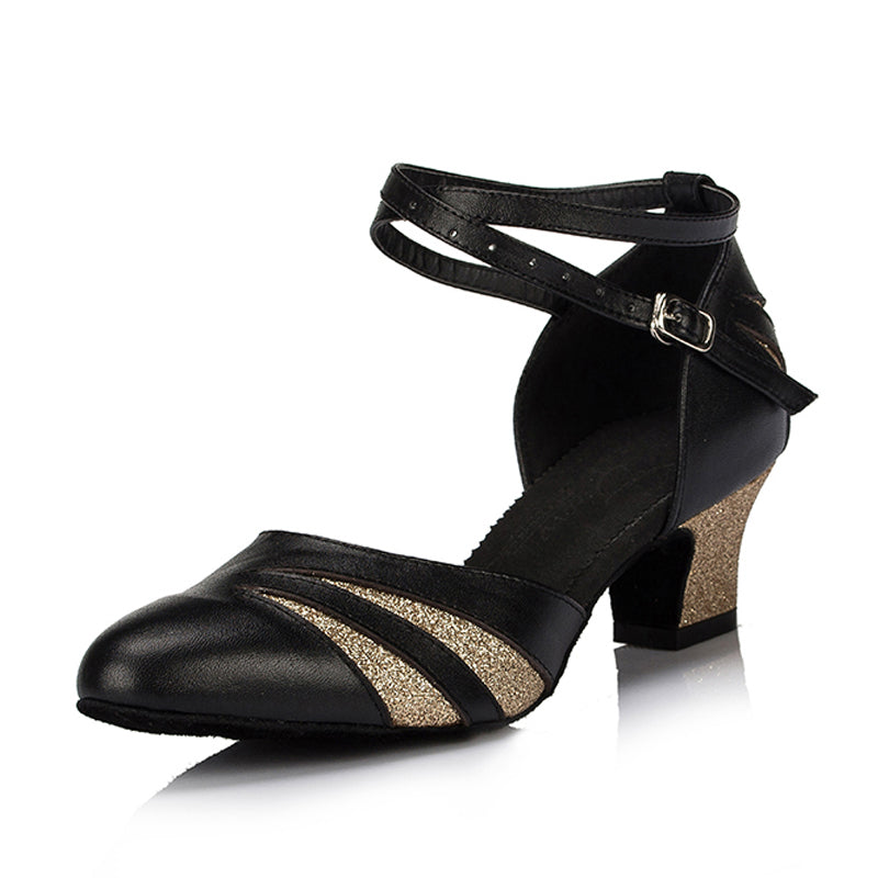 <transcy>Zapatos de baile modernos negros con purpurina PU para mujer, zapatos de baile de salsa de salón latino</transcy>