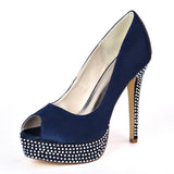 High Quality Women's Satin Stiletto Heel Peep Toe Platform Pumps Sandals Rhinestone Shoes For Wedding Party Bride