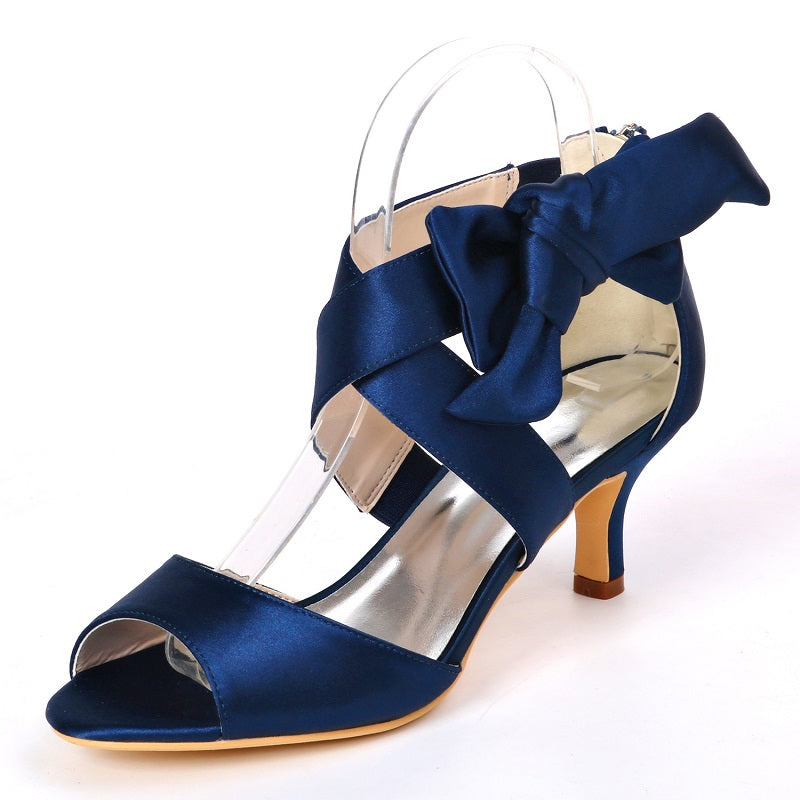 Women's Silk Like Satin Stiletto Heel Peep Toe Pumps Sandals With Bowknot Ribbon Tie Lace-up
