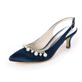 Women Girl Satin Stiletto Heel Closed Toe Pumps With Imitation Pearl Rhinestone