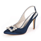 Women's Pumps Fashion Stiletto High Heel Wedding Shoes Pointed Satin Rhinestone Buckle Slip On Shoes