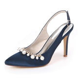 Women's Satin Stiletto Heel Closed Toe Pumps Sandals With Imitation Pearl Girl's Shoes For Wedding Party