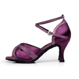<transcy>Zapatos de baile latino profesionales de punta abierta con altura de tacón de salsa de satén azul púrpura para mujeres</transcy>
