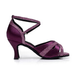 <transcy>Zapatos de baile latino profesionales de punta abierta con altura de tacón de salsa de satén azul púrpura para mujeres</transcy>