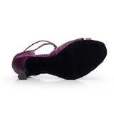 <transcy>Zapatos de baile latino profesionales de punta abierta con altura de tacón de salsa de satén azul púrpura para mujeres</transcy>
