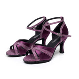 <transcy>Zapatos de baile latino profesionales de punta abierta con altura de tacón de salsa de satén azul púrpura para mujeres</transcy>