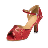 <transcy>Zapatos de baile de salsa de salón de baile latino de alta calidad para mujer bronce rojo dorado azul</transcy>