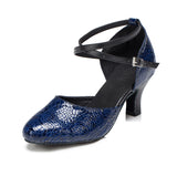 <transcy>Zapatos de baile moderno azul PU para mujer, zapatos de baile de samba de salón de salsa latina para mujer</transcy>