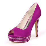 High Quality Women's Satin Stiletto Heel Peep Toe Platform Pumps Sandals Rhinestone Shoes For Wedding Party Bride
