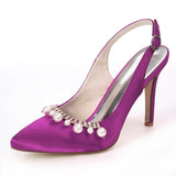 Women's Satin Stiletto Heel Closed Toe Pumps Sandals With Imitation Pearl Girl's Shoes For Wedding Party