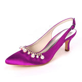 Women Girl Satin Stiletto Heel Closed Toe Pumps With Imitation Pearl Rhinestone