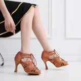 Girls Lace Up Latin Dance Shoes Women Rhinestone Bachata Salsa Dancing Shoes For Ladies Soft Bottom Ballroom Dance Sandals