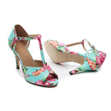 Blue Red Flower Dance Shoes Satin Soft Bottom Latin Ballroom Salsa Dancing Shoes For Women Girls