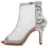 <transcy>Mujeres Salón de baile social Botas de baile de salsa latina Zapatos de baile de fiesta de malla de aire blanco con textura de serpiente</transcy>