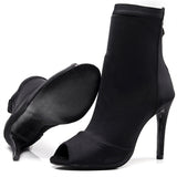 <transcy>Zapatos de baile latino Salsa Jazz para bailarinas para profesores, botas de tacón alto, licra elástica negra</transcy>