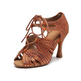 Girls Lace Up Latin Dance Shoes Women Rhinestone Bachata Salsa Dancing Shoes For Ladies Soft Bottom Ballroom Dance Sandals