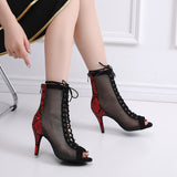 PU Mesh Women Dance Boots Patchwork Latin Ballroom Tango Salsa Dancing Shoes Customized High Heels Yellow Red