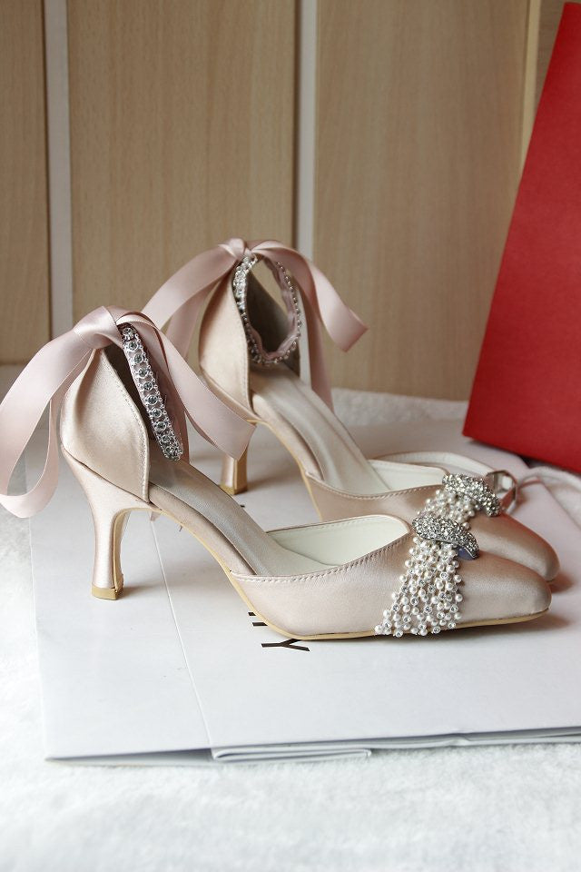 Champagne White Wedding Shoes Pumps Pearl Rhinestone Buckle Pumps For Women Girls Bride Party