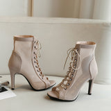 Stilettos High Heels Women Dance Shoes White Apricot PU Mesh Suede Soft Sole Latin Ballroom Sandals Ankle Boots