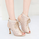 Satin Mesh Dance Boots Pink White Rhinestone Ballroom Salsa Tango Salsa Dancing Shoes For Women Girls