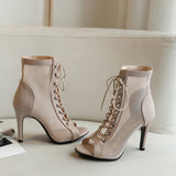 Stilettos High Heels Women Dance Shoes Apricot Black Mesh Suede Soft Sole Latin Ballroom Sandals Ankle Boots