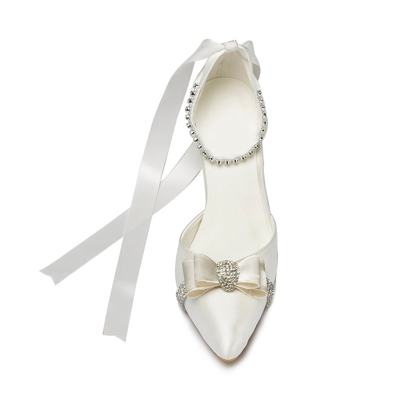 Bowtie Satin Wedding Shoes For Women Bride Pointed Toe Rhinestone Pumps White Champagne