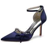 Women's Suede Stiletto Heel Closed Toe Pumps With Rhinestone Bowknot Wedding Shoes