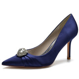 Women's Satin Stiletto Heel Closed Toe Pumps With Rhinestone