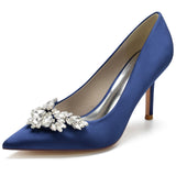 Women Pumps Stiletto Heel Pointed Toe Satin Rhinestone Party Wedding Heels Shoes