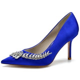 Women Pumps Stiletto Heel Pointed Toe Satin Rhinestone Party Wedding Heels Shoes Blue White