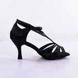<transcy>Negro satinado Salsa Mujeres Salón de baile latino Zapatos de baile de tango Zapatos de boda de fiesta con punta abierta</transcy>
