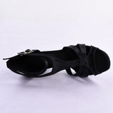 <transcy>Negro satinado Salsa Mujeres Salón de baile latino Zapatos de baile de tango Zapatos de boda de fiesta con punta abierta</transcy>