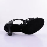 <transcy>Negro satinado Salsa Mujeres Salón de baile latino Zapatos de baile de tango Zapatos de boda de fiesta con punta abierta</transcy>